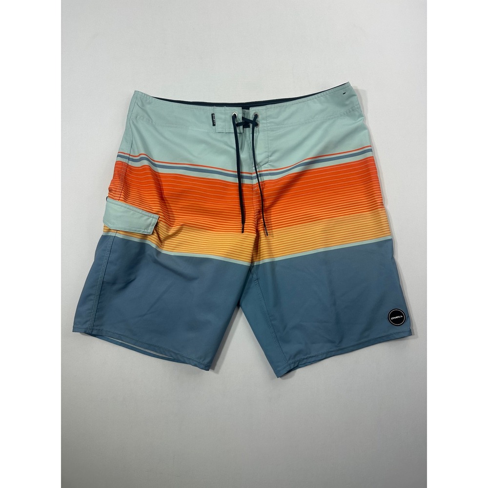ONeill Mens Sunset Striped Board Shorts Blue Orange Size 36 Swim Trunks